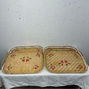 Lot of 4 Vintage Bamboo Wicket Strawberry Print Serving Trays